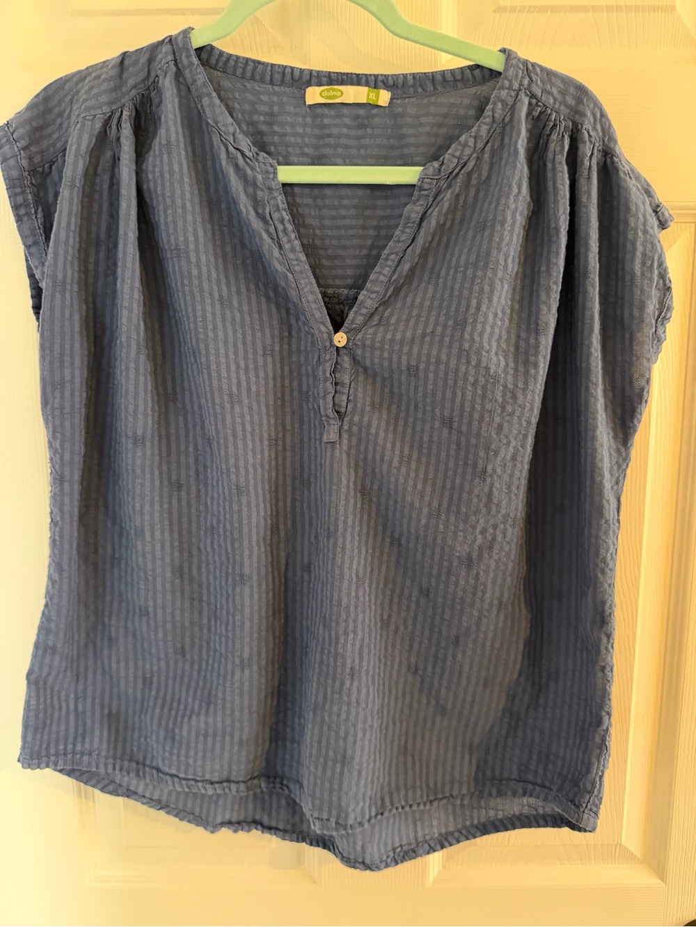 Textured Blue Split-Neck Women's Blouse